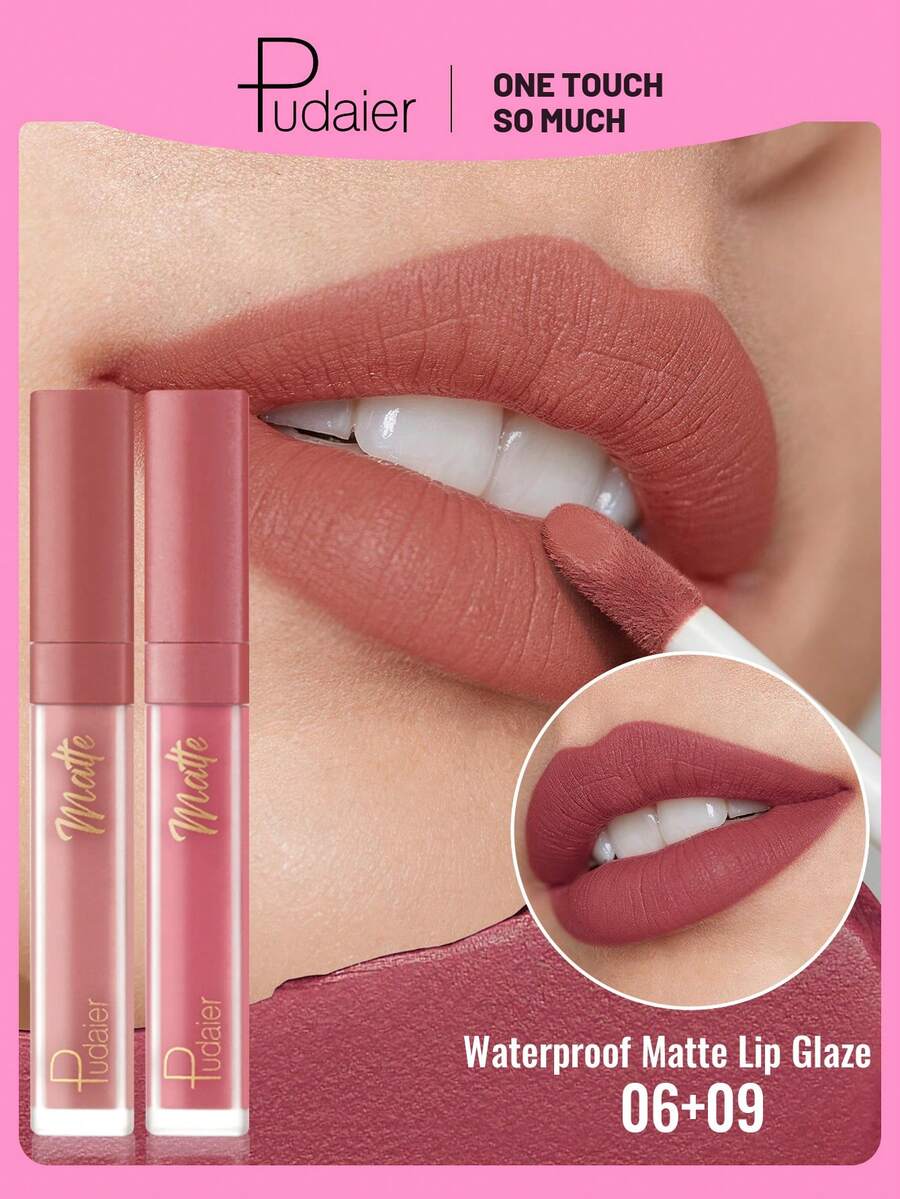 Pudaier 2pcs Velvet Matte Lip Glaze - Long-Lasting Liquid Lipstick, Moisturizing Non-Sticky, Velvet Texture, Suitable For Various Makeup Looks, Essential Beauty Tool For Women, Perfect Gift - 06+09 - View 1