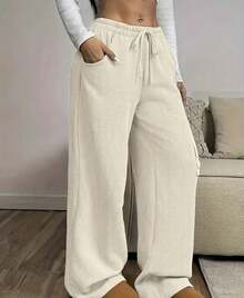 Women's Wide-Leg Pants, High Waist, Polyester, Drawstring, Suitable For Holidays, Evenings, School, Vacations, Home, Daily Wear, Office, All Year Round. - Kem - Xem 7