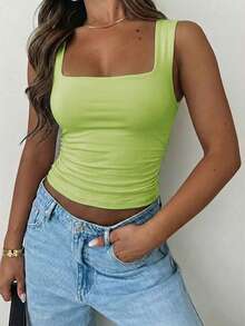Vaiaye Women's Solid Color Square Neck Fitted Casual Camisole, Minimalist Retro Solid Color Vest, Summer Fashion Backless Knit Camisole, Casual Versatile, Suitable For Work Commute - Light Green - View 6