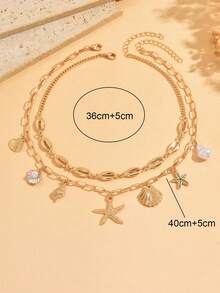 2pcs/Set Summer Vacation Style Ocean Creature Pendant Necklace, Gold Starfish & Shell Decor Choker Necklace, Suitable For Daily Wear And Party - Multicolor - View 3
