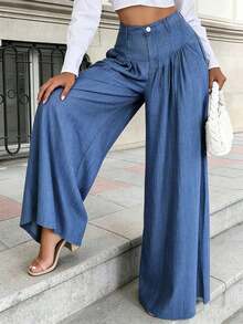2026 New Spring/Summer Women's Solid Color Casual Elegant Back-To-School, Date, Pleated Wide Leg Pants, Suitable For Valentine's Day, Chinese New Year, Women's Pants, Wide Leg Pants, Women's Trousers, Women's Office Attire, Spring Wear, Office Wear, Elegant Women's , Holiday Women's Attire, Club Wear, Women's Springs, Women's Holiday Wear, Summer Vacation Wear, Women's Birthday - 藍色 - 查看 5
