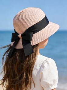 1 Peça Chapéu de Sol de Aba Larga com Laço Preto para Meninas de 2-6 Anos, Chapéu de Praia de Verão Fofo com Proteção UV para Crianças Pequenas em Viagens ao Ar Livre - Laço de fita - Visão 7