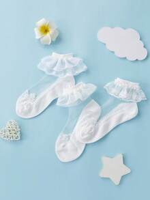 3 双纯色婚礼蕾丝可爱婴儿/儿童袜子，适合学校、派对使用 - 白色 - 查看 7