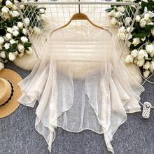 French Style Solid Color Mesh Cardigan Summer Loose Slim Sweet Shawl-Conditioning Top - 白色 - 查看 7