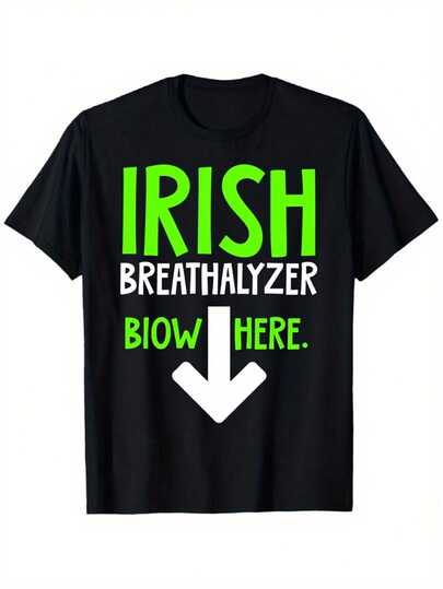 Men's And Women's Fun Irish Alcohol Tester Pattern T-Shirt-St Patrick's Day Novelty T-Shirt With Blow Here "Design 100 Short Sleeve Round Neck Casual Shirt Suitable For Party, Sport And Casual Dress-Adult Humor Irish Theme Clothing Local Warehouse Delivery Men's Pattern T-Shirt Men's T-Shirt Christian Other Theme Shirt Rock T-Shirt Men's Clothing