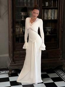 Vestido largo de fiesta elegante con cintura ceñida, parches de encaje y volantes para mujer - Blanco - Ver 4