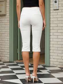Pantalones de punto Polka para mujeres, pantalones de punto delgado de cintura baja, pantalones de punto blanco y negro casuales y pantalones de costura de rodilla, adecuados para el Fitness diario y el ejercicio. - Blanco - Ver 6