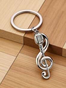 1pc Creative Microphone Shaped Keychain, Fashionable Music Note Pendant Metal Music Symbol Keyring, Interesting Gift For Friends - Silver - View 6