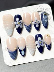 Bộ 10 móng tay giả acrylic thủ công, kiểu dáng móng hạnh nhân dài vừa, móng kiểu Pháp, móng màu xanh dương, móng hoa nhựa 3D thủ công, móng kẻ sọc 3D, móng chạm khắc 3D, móng chuyển màu. Dụng cụ làm móng, móng giả, móng giả có thể tháo rời, dụng cụ làm móng, nghệ thuật làm móng, thích hợp cho tiệc tùng, khiêu vũ, sử dụng hàng ngày, tiệc sinh viên, cosplay, móng giả có thể tái sử dụng, kèm keo dán và dũa móng, dụng cụ tự làm móng. - Nhiều màu - Xem 1