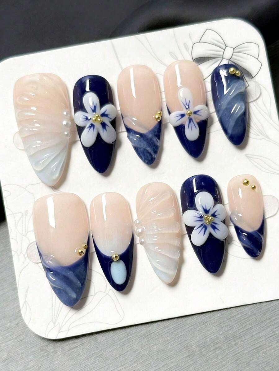 Bộ 10 móng tay giả acrylic thủ công, kiểu dáng móng hạnh nhân dài vừa, móng kiểu Pháp, móng màu xanh dương, móng hoa nhựa 3D thủ công, móng kẻ sọc 3D, móng chạm khắc 3D, móng chuyển màu. Dụng cụ làm móng, móng giả, móng giả có thể tháo rời, dụng cụ làm móng, nghệ thuật làm móng, thích hợp cho tiệc tùng, khiêu vũ, sử dụng hàng ngày, tiệc sinh viên, cosplay, móng giả có thể tái sử dụng, kèm keo dán và dũa móng, dụng cụ tự làm móng. - Nhiều màu - Xem 1