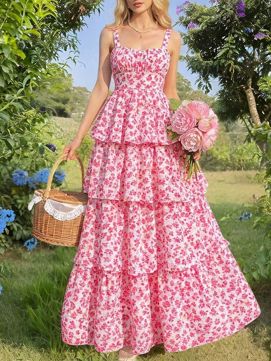 女士夏季休闲度假印花褶皱胸部荷叶边下摆连衣裙 优雅粉色 - 粉色 - 查看 1