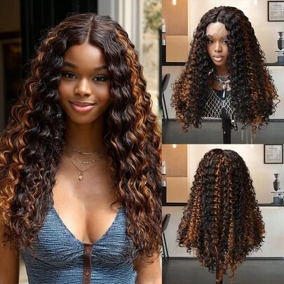 20英寸深波浪中分假发，13*5*1 T型蕾丝假发，带婴儿发，钢琴色，适合日常佩戴、家庭聚会、节日等场合，日本纤维材质，自然外观，中分设计。