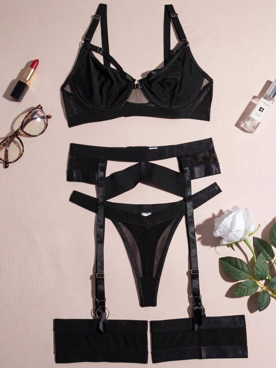 3pcs Women's Sexy Lingerie Set, Includes Bustier, Garter Belt, And Underwire Bra - Black - View 1