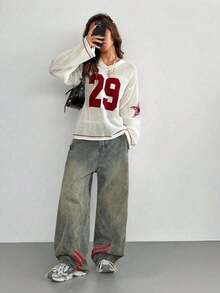 大码女式V领镂空落肩长袖毛衣，时尚派对上衣，适合夏季、秋季、海滩度假等各种场合，白色上衣 - 白色 - 查看 3