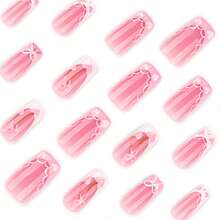 24Pcs Romantic French Style Medium Long Square False Nails Set, White Lace, Bowknot, Pink Heart & Cherry Pattern, Perfect For Vacation & Dating - Baby Pink - View 2