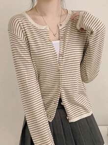 Áo khoác cardigan dệt kim kẻ sọc cho nữ, thiết kế mới độc đáo, áo len mỏng cổ tròn tay dài, chất liệu vải ngẫu nhiên. - Màu be - Xem 4