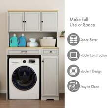 Over The Washer Dryer And Robot Vacuum Storage Cabinet Suitable For Compact Washing Machines Laundry Room Storage Organizer With 1 Laundry Basket 1 Drawer And 2 Adjustable Shelves-Antique White - Trắng + MDF1 - Xem 9