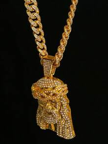 男士三件套金色链项链，镶钻耶稣头像和十字架吊坠，闪亮嘻哈项链 - 閃亮嘻哈項鍊 - 查看 8