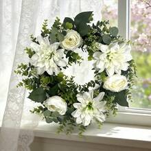 1 pièce Couronne artificielle de 20 pouces de grande marguerite et de pivoine, décoration de feuilles d'eucalyptus, couronne de fleurs artificielles pour la maison, le mariage, la fête, le porche, le mur, la fenêtre - Couronne de fleurs blanches artificielles - Voir 2
