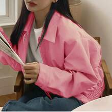 女士短款立领长袖拉链衬衫外套 粉色 - 粉色 - 查看 3