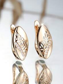 1 paire de boucles d'oreilles à tige de dames au design ajouré en or jaune à la mode et charmant; la bijouterie parfaite pour les femmes, rehaussée de zirconium blanc; un excellent cadeau d'anniversaire; bijoux de fête - Or jaune - Voir 5
