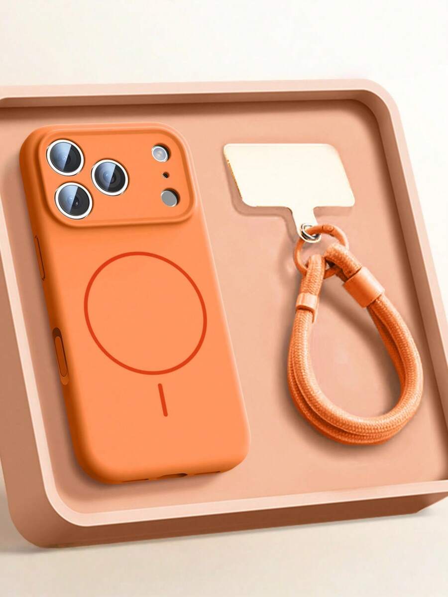 1pc Matte Liquid Silicone Minimalist Magnetic Phone Case + Short Lanyard Strap Compatible With IPhone 17 Air 16 15 14 13 12 Pro Max Plus, Wireless Charging Soft Silicone Back Cover