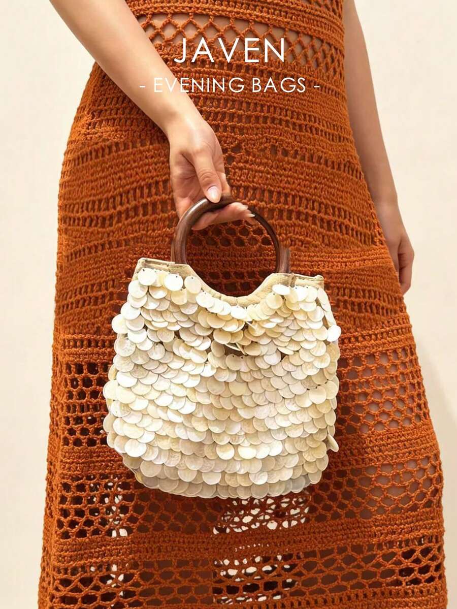 Fashionable Double-Sided Shell Decor Beaded Metal Chain Crossbody Handbag, Suitable For Beach, Vacation, Travel, Shopping