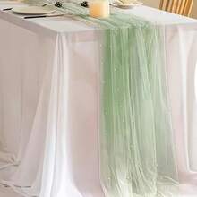 4pcs Of Elegant Green Faux Pearl Tulle Table Runners - Perfect For Weddings, Bridal Showers, And Special Occasions | Wrinkle-Resistant Embroidered Design | Suitable For Arch Decorations And Dessert Tables - Sage Green - View 3