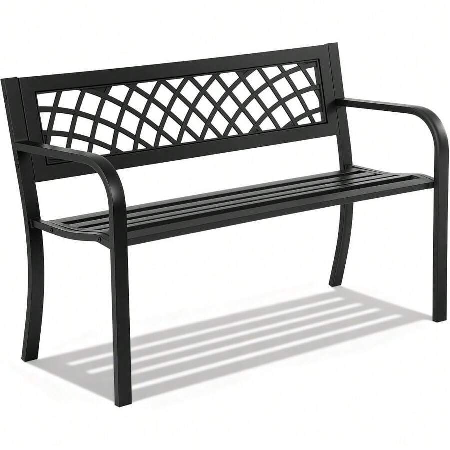 Garden Bench,Outdoor Benches,Iron Steel Frame Patio Bench With Mesh Pattern And Plastic Backrest Armrests For Lawn Yard Porch Work Entryway,Black - Black - View 1