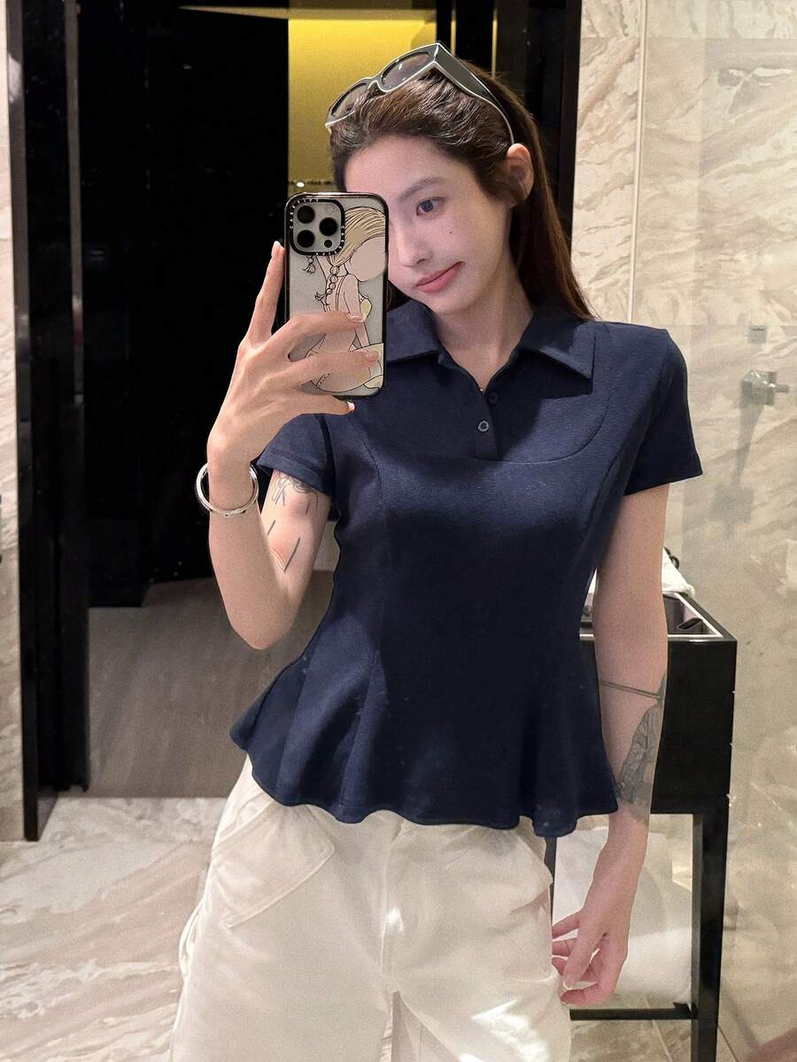 純色夏季新款女款短袖喇叭下擺上衣 - 藏蓝色 - 查看 1