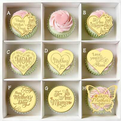 10pcs/5pcs Gold Acrylic Mother's Day Cupcake Toppers, Heart & Butterfly Design, Suitable For Mother's Day Celebration Decor