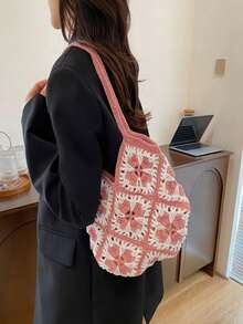 1pc Handmade Crochet Grandmother's Quilt Pattern Shoulder Tote Lunch Bag - Multicolor - View 14