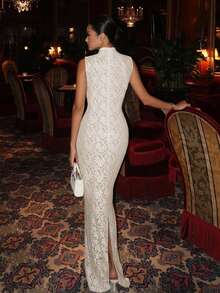 High Neck Lace Trim High Waist Backless Slit Maxi Dress, Perfect For Formal Banquets, Parties And Guest Ceremonies Party Wedding - Beige - View 2