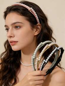 4pcs Girls' Headbands, Portable Foldable Pearl Headbands, Suitable For Daily Casual/Outdoor Travel, Facial Wash Headbands, Girls Hair Accessories - Multicolor - View 2