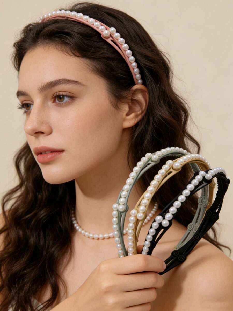 4pcs Girls' Headbands, Portable Foldable Pearl Headbands, Suitable For Daily Casual/Outdoor Travel, Facial Wash Headbands, Girls Hair Accessories