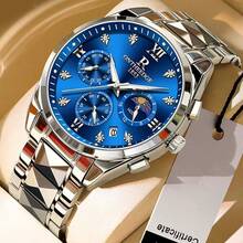 LOUIEJUELEN JUELEN 男士奢华商务石英表，金色合金表壳搭配可调节钢表带，镶钻表盘，配备三个小表盘和月相显示，日本石英机芯，夜光指针，日期显示，LED 功能，经久耐用且时尚，是通勤、聚会、毕业典礼和送礼的理想之选。 - 黑色 - 查看 3