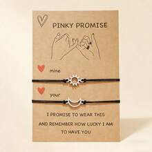 2Pcs/Set Pinky Promise Sun Moon Bracelet For Couples Best Friends, Stainless Steel Charm Adjustable Black Cord Bracelet Set, Friendship Matching Jewelry Gift - Sun and Moon - View 4