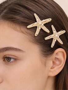 1件海洋系列女士发饰INS星形发夹珍珠海星压力夹 - 金色 - 查看 4