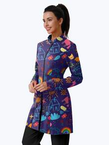 cimmuovere Women's Printed Zip-Up Scrub Jacket With Pockets, Workwear For Nurse, Dentist, Healthcare, Pet Hospital, Laboratory Vacation Spring - Navy Blue - View 3