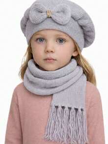 Children's Wool Beret And Scarf Set With Bow, Various Colors. - 灰色 - 查看 1