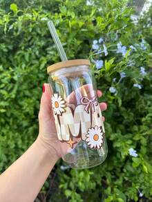 16.91盎司冰抹茶咖啡玻璃吸管杯，大容量抹茶玻璃吸管杯，咖啡冷饮吸管杯，适用于奶茶、咖啡、抹茶、果汁、茶，母亲节礼物，母亲生日礼物 - 彩色 - 查看 2