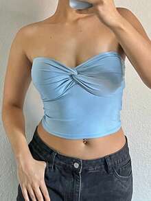 Cropped Top With Knot Detail, Padded Cups, And Crisscross Straps. - Light Blue - View 3