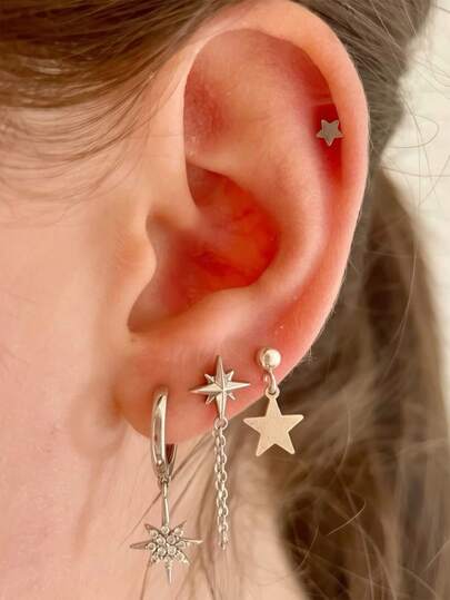 4pcs Cubic Zirconia Star Pendant Earrings Set, Sparkling Jewelry Suitable For Women's Daily, Date, Music Festival Layering
