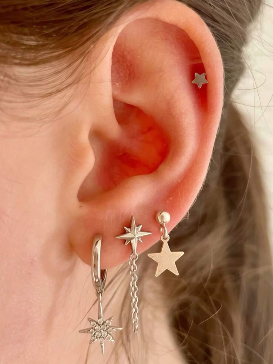 4pcs Cubic Zirconia Star Pendant Earrings Set, Sparkling Jewelry Suitable For Women's Daily, Date, Music Festival Layering - Silver - View 1