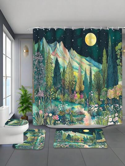 Bộ 4 món rèm tắm hình cây hoàng hôn - Rèm tắm chống thấm nước kèm 12 móc, thảm chống trượt phòng tắm, nắp bồn cầu hình chữ U, tấm phủ nắp bồn cầu, bộ 4 món trang trí phòng tắm hiện đại, trang trí nhà cửa, bộ rèm tắm phòng tắm, món quà tân gia hoàn hảo. Dễ dàng lắp đặt - Món quà hoàn hảo cho bạn bè và gia đình, phù hợp cho mùa xuân, hè, thu và đông.