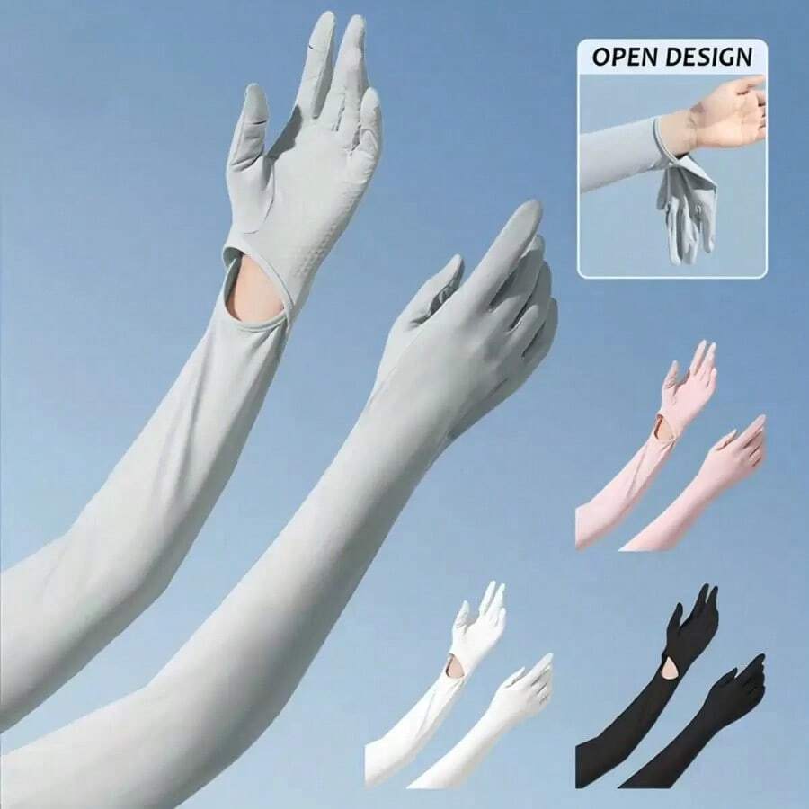 1 Pair Women's Solid Color Adjustable Full Finger Driving Gloves, Long Sunscreen Gloves, Protect Arms, Breathable, Sweat-Absorbing, Elastic Sleeves, Non-Slip - 淺灰色 - 查看 1