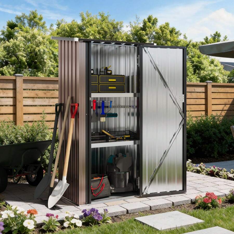 AOXUN 3'x2' Metal Storage Shed With 2 Adjustable Shelves, Small Lockable Tool Cabinet For Garden, Patio & Backyard Organization, Brown - A - View 1