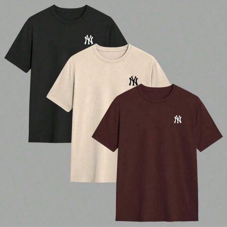 Set Of 3 Men's T-Shirts, 100% Cotton, Crew Neck, Comfortable, Various Colors, Immediate Shipping - Beige - View 1
