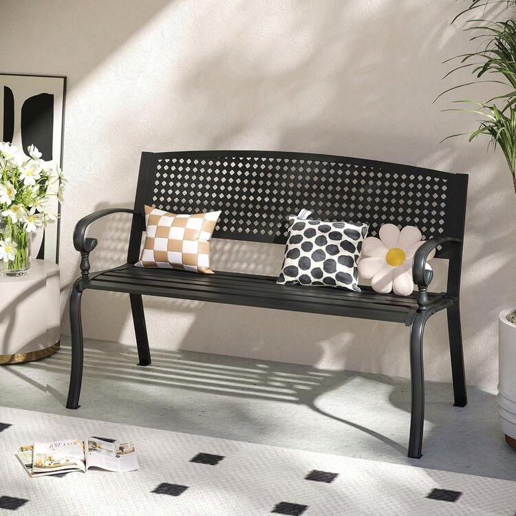 50" Outdoor Garden Bench With Armrests And Backrest, Waterproof Patio Metal Bench For Park, Porch, Backyard, Square Pattern Back - 黑色 - 查看 1