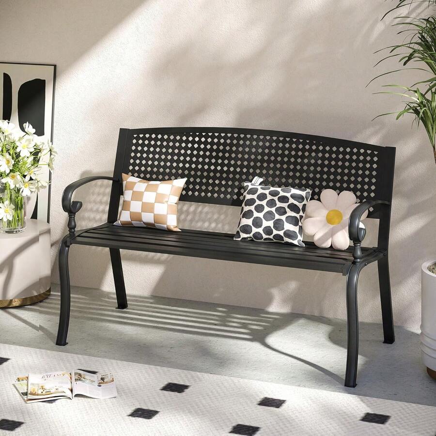 50" Outdoor Garden Bench With Armrests And Backrest, Waterproof Patio Metal Bench For Park, Porch, Backyard, Square Pattern Back - Black - View 1